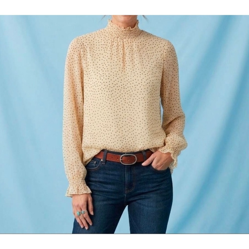 Sundance Blouse Size XL Cream Black Polka Dot Silk Smocked Mock Neck Long Sleeve